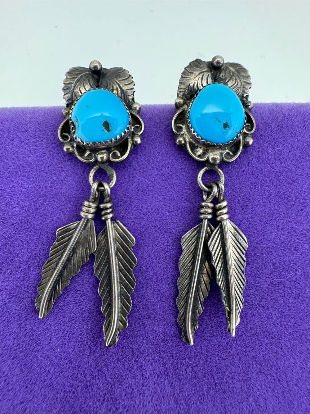 💛 Vintage Sterling Silver Navajo Turquoise Feather Drop Earrings | Southwestern